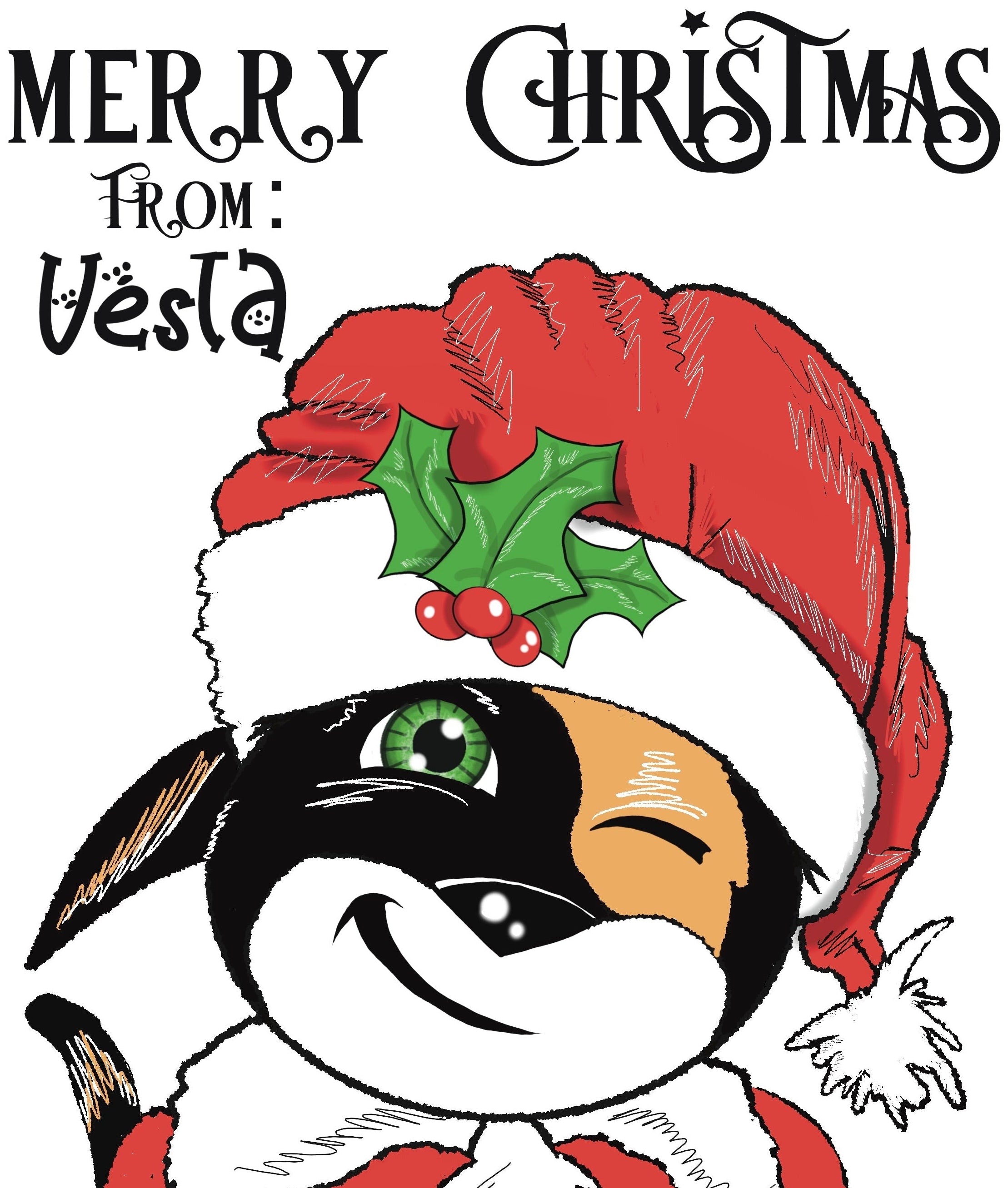 Cartoon dog wearing a Santa hat with holly leaves and berries, text 'Merry Christmas from Vesta' above.