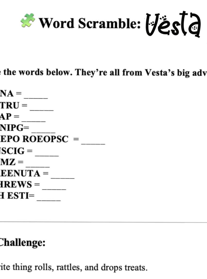Word Scramble puzzle with scrambled words from Vesta's adventure on a white background
