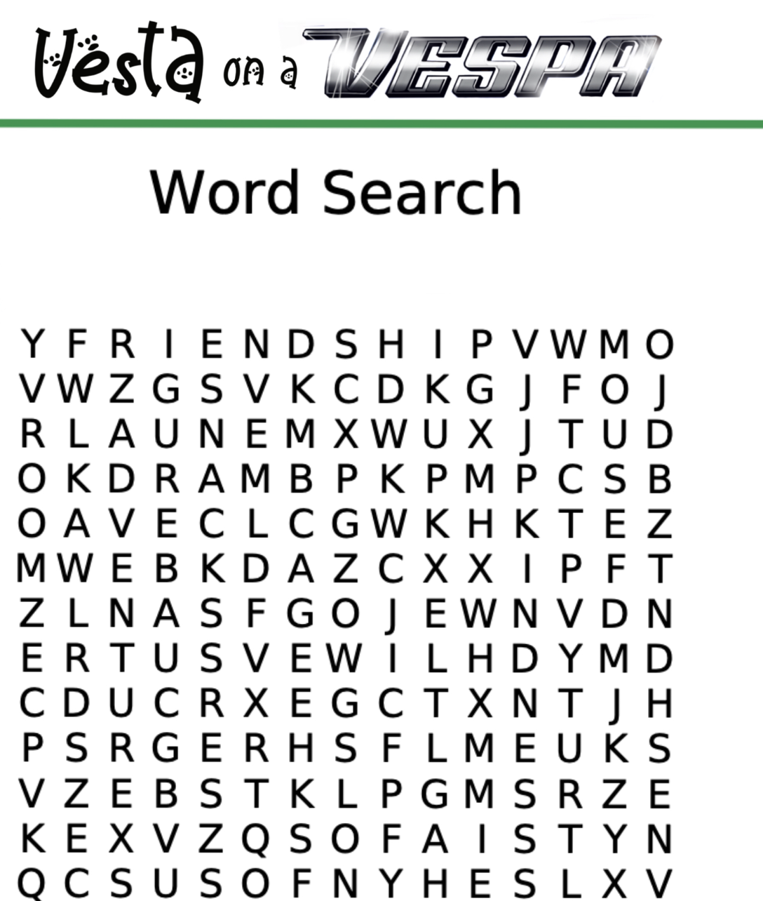 Word search puzzle with letters forming words, featuring 'Vesta' and 'Vespa' branding at the top.