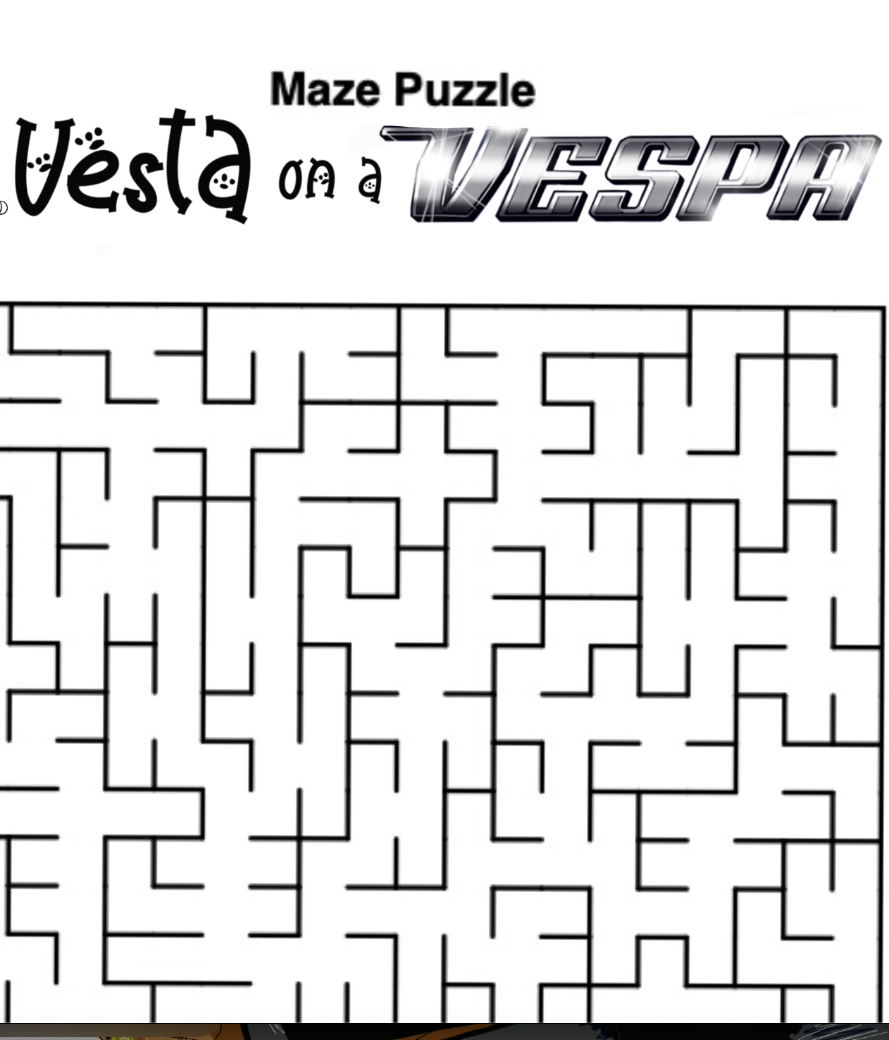 Maze puzzle with 'Vesta on a Vespa' text at the top