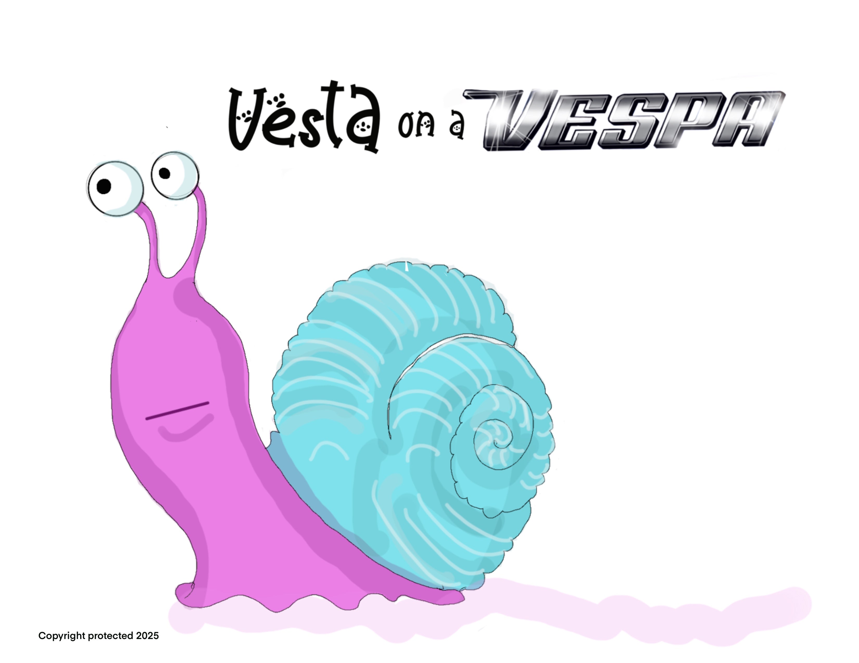 Cartoon snail with pink body and blue shell on a white background with 'Vesta on a Vespa' text.