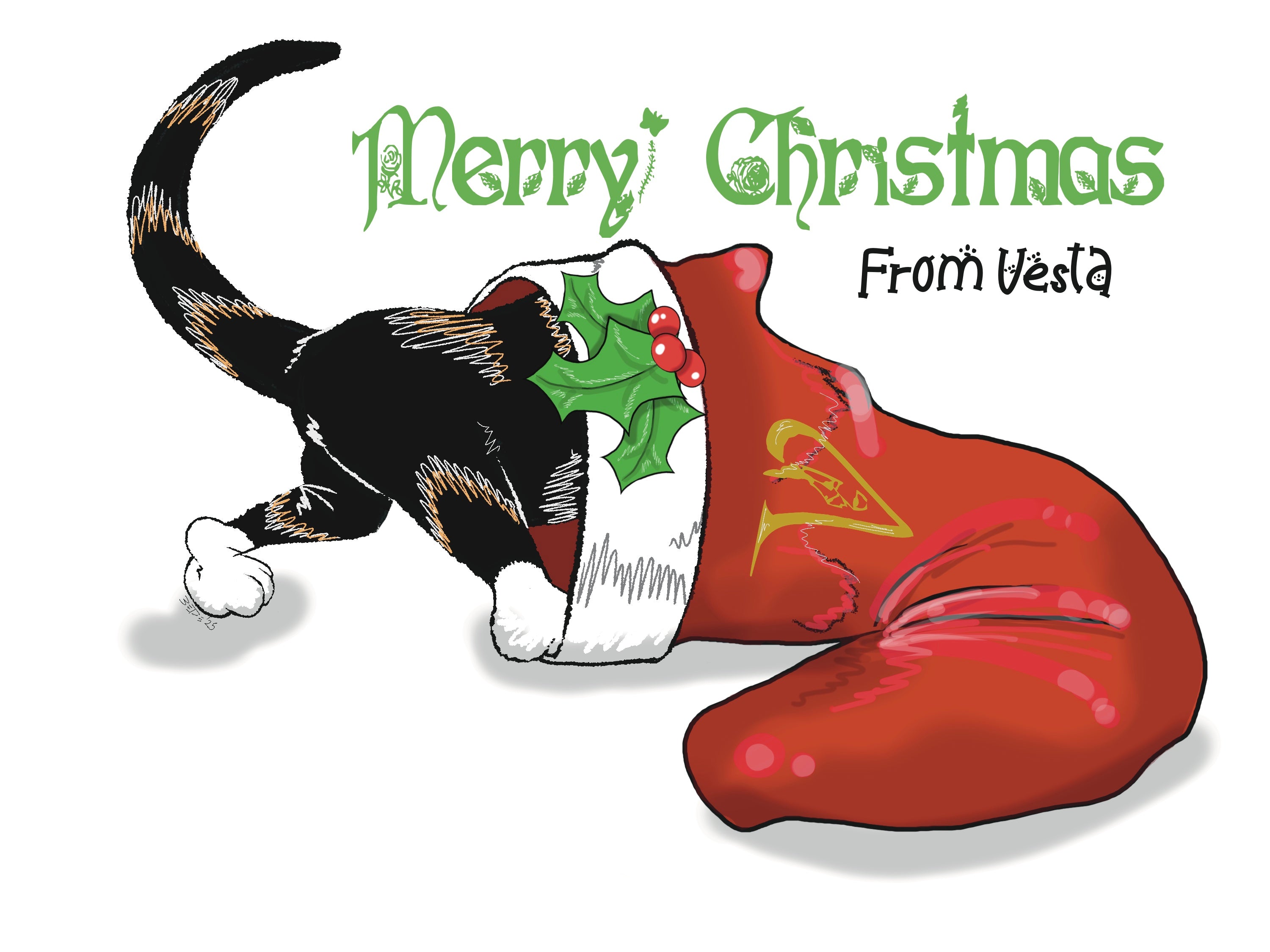 Cartoon cat in a Santa hat with holly leaves, 'Merry Christmas from Vesta' text on a white background